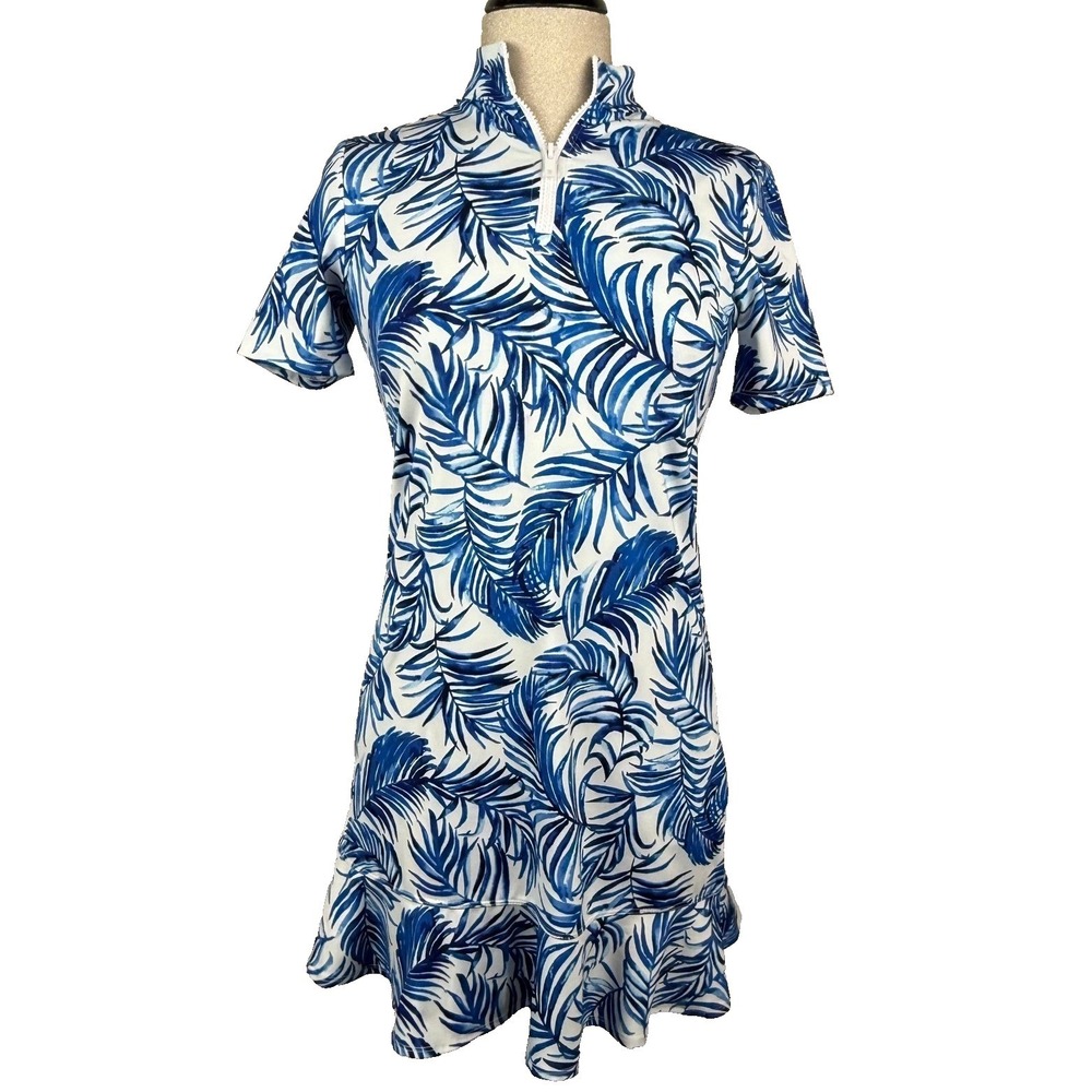 Tommy Bahama Golf Dress Womens XS Blue White Palm Print Ruffle Quarter Zip Beach